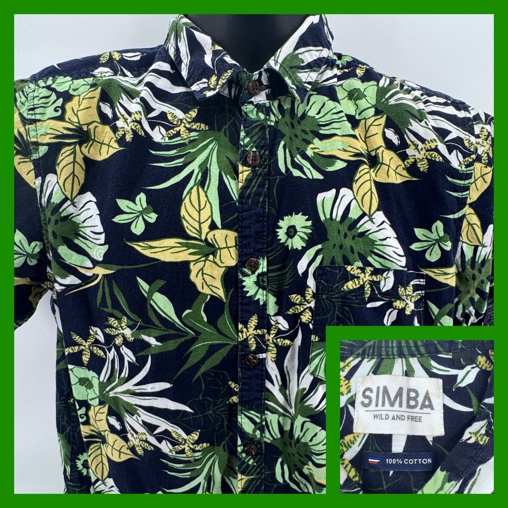 SIMBA Wild and Free‎ Men's Short Sleeve Button Up Tropical Leaf Print Shirt